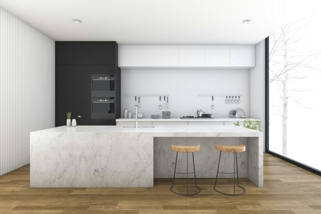 3d rendering modern kitchen with wood floor